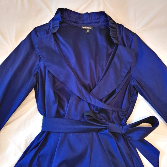 Le Chateau Y2k royal blue irridescent chrome ruffle wrap dress shirt. Size L - Picture 4 of 13